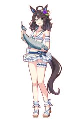absurdres ahoge animal_ears bails black_hair blue_eyes blush breasts cleavage collarbone daring_tact_(umamusume) fish flower full_body hair_between_eyes hair_flower hair_ornament hairclip highres holding horse_ears horse_girl horse_tail jewelry looking_at_viewer medium_breasts necklace sandals star_(symbol) star_hair_ornament swimsuit tail umamusume white_background