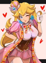 1girl 2020 alternate_breast_size_(larger) alternate_costume black_background blonde_hair blue_eyes border bow bowtie breasts closed_mouth coat commentary contrapposto corset crossover crown curly_hair diamond_(shape) diamond_print earrings english_commentary female_focus frilled_sleeves frills gloves hand_on_own_hip heart highres index_finger_raised jewelry juliet_sleeves large_breasts long_hair long_sleeves love_live! mario_(series) nintendo omiza_somi one_eye_closed pink_background pink_coat pink_lips pink_skirt pink_thighhighs princess_peach puffy_sleeves skirt solo striped_clothes thick_lips thighhighs turtleneck v-shaped_eyebrows white_gloves wink yellow_trim zettai_ryouiki