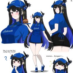 1girl ? alternate_costume apron baseball_cap black_hair black_horns black_necktie black_skirt blue_apron blue_hair blue_hat blue_shoes blush burger collared_shirt colored_inner_hair culver&#039;s employee_uniform english_text food grin hat highres holding holding_tray hololive hololive_english horns long_hair miniskirt mole mole_under_eye multicolored_hair multiple_views necktie nerissa_ravencroft purple_eyes shirt shoes skirt smile solo standing teeth tray virtual_youtuber zenki_zero