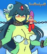 2girls animated artist_name bdsm blush bondage bouncing_breasts bound breasts chain colored_skin cuffs fins forehead_jewel giant giantess giga_mermaid gills green_skin high_ponytail highres jumping long_hair looking_at_another looking_at_viewer mermaid monster_girl multiple_girls navel outdoors pointy_ears ponytail purple_hair red_eyes restrained scruffmuhgruff shackles shantae shantae_(series) shell shell_bikini size_difference strapless video