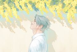 1boy challia_bull closed_eyes collared_shirt facial_hair flower green_hair gundam gundam_gquuuuuux highres male_focus mustache outdoors plant profile shadow shirt short_hair solo upper_body white_shirt yellow_flower yugi_mt