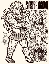 2girls absurdres angry asahina_aoi bandages character_name clenched_teeth closed_eyes closed_mouth collared_shirt crossed_arms danganronpa:_trigger_happy_havoc danganronpa_(series) dated doodle_inset english_text eyelashes full_body greyscale hatching_(texture) highres josh-s26 long_hair monochrome multiple_girls multiple_views muscular muscular_female necktie ogami_sakura open_mouth ponytail scar scar_on_arm scar_on_face school_uniform serafuku shirt shoes signature simple_background skirt smile speech_bubble teeth v-shaped_eyebrows white_background