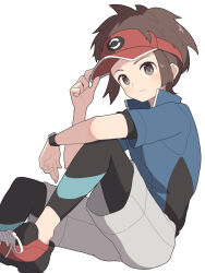 Rule 34 | 1boy, blue jacket, bodysuit, bodysuit under clothes, brown eyes, brown hair, closed mouth, commentary request, grey shorts, hand on headwear, hiyoshipow, jacket, male focus, nate (pokemon), nintendo, pokemon, pokemon bw2, shoes, short hair, short sleeves, shorts, simple background, sitting, solo, visor cap, white background