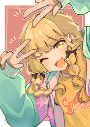 1girl ;d bafarin blonde_hair blush border bow braid brown_bow double_w fingernails fujita_kotone gakuen_idolmaster hair_bow highres idolmaster jacket looking_at_viewer multicolored_jacket notice_lines one_eye_closed open_mouth outside_border shirt simple_background smile solo twin_braids twitter_username upper_body w white_border yellow_eyes yellow_shirt