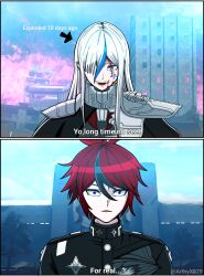 1boy 1girl 2koma ahoge armor armyx879 arrow_(symbol) black_hair blood blood_from_forehead blood_on_face blue_eyes blue_hair comic english_text frown hair_between_eyes hair_over_one_eye last_defense_academy_school_uniform long_hair messy_hair multicolored_hair open_mouth purple_eyes red_hair screenshot_background shoulder_armor sumino_takumi teeth the_hundred_line_-last_defense_academy- upper_body v&#039;ehxness white_hair