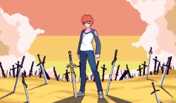 1boy animated animated_gif blue_pants closed_eyes cloud commentary denim emiya_shirou english_commentary excalibur_(fate/stay_night) fate/stay_night fate_(series) full_body jeans kanshou_&amp;_bakuya_(fate) looping_animation magic_circuit male_focus orange_eyes orange_hair pants pixel_art planted planted_sword planted_weapon raglan_sleeves raptorbr serious shirt solo sword torn_clothes torn_shirt twitter_username unlimited_blade_works_(reality_marble) weapon