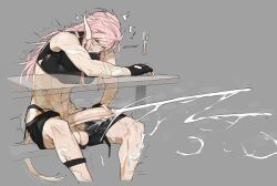 1futa abs au_ra breasts closed_eyes cum english_text excessive_cum final_fantasy final_fantasy_xiv fingerless_gloves futanari futanari_masturbation gloves heavy_breathing highres horns large_penis masturbation medium_breasts motion_lines muscular navel notglacier penis pink_hair projectile_cum scales shaking simple_background sitting solo solo_focus sweat sweatdrop tail testicles under_table