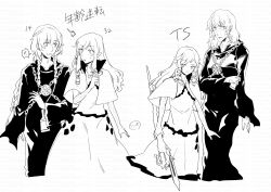 !? 1boy 1girl ^^^ absurdres age_switch aged_down aged_up braid capelet chain character_age curse_maker curse_maker_1 doctor_magus doctor_magus_4 dress etrian_odyssey genderswap genderswap_(ftm) genderswap_(mtf) greyscale hair_over_shoulder highres holding holding_staff hood hood_down hooded_robe long_hair long_sleeves low_twintails monochrome nikki_kyousuke parted_lips robe simple_background sleeveless sleeveless_dress spoken_interrobang staff sweat translation_request twin_braids twintails watermark white_background wide_sleeves