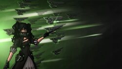 1girl absurdres black_dress black_hair conductor_baton dress drone girls&#039;_frontline gloves gnom_na_korable highres long_hair looking_at_viewer mask respirator sangvis_ferri scarecrow_(girls&#039;_frontline) simple_background solo twintails yellow_eyes