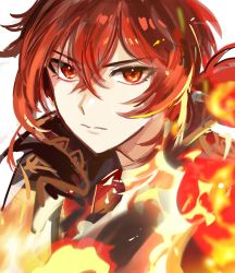1boy bad_id bad_twitter_id close-up closed_mouth diluc_(genshin_impact) fire genshin_impact hair_between_eyes long_hair looking_at_viewer male_focus ponytail red_eyes red_hair simple_background solo sssss2222 white_background