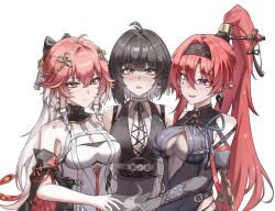 3girls a-chuang ahoge bare_shoulders black_bow black_collar black_dress black_gloves black_hair black_hairband black_jacket blush body_markings bow braid breasts changli_(wuthering_waves) circle_facial_mark cleavage closed_mouth collar commentary cross-laced_clothes cross-laced_dress dress earrings elbow_gloves feather_hair female_rover_(wuthering_waves) gloves hair_between_eyes hair_bow hair_extensions hair_intakes hair_ornament hair_ribbon hair_stick hairband heart heart-shaped_pupils high_ponytail highres jacket jewelry large_breasts long_hair looking_at_viewer mark_under_both_eyes multicolored_hair multiple_girls parted_lips pink_hair pointy_ears ponytail purple_eyes red_hair ribbon ring_hair_extensions rover_(wuthering_waves) simple_background sleeveless sleeveless_dress smile symbol-shaped_pupils triangle_earrings twin_braids two-tone_hair upper_body very_long_hair white_background white_dress white_hair wuthering_waves yellow_eyes yellow_ribbon yinlin_(wuthering_waves)