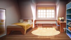 bed blanket bulletin_board chair computer computer_mouse desk drawer flat_chest glowing highres indoors laptop mirror no_humans non-web_source official_art our_life:_beginnings_and_always pillow reflective_surface rug scenery seashell shell sunset trash_can variant_set window_blinds window_light windowsill wooden_floor