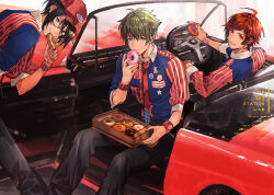 3boys absurdres ahoge aqua_eyes black_hair black_pants blue_eyes blue_shirt blush box car car_interior character_name closed_mouth collar commentary_request donut feet_out_of_frame food full_body green_hair hair_between_eyes hat highres holding holding_donut holding_food idolmaster idolmaster_side-m kashiwagi_tsubasa looking_at_viewer looking_back male_focus motor_vehicle multiple_boys nana_tetra open_mouth pants red_car red_eyes red_hair red_hat red_shirt red_wrist_cuffs sakuraba_kaoru shirt short_hair smile steering_wheel striped_clothes striped_shirt striped_wrist_cuffs tendo_teru twitter_username two-tone_shirt upper_body vertical-striped_clothes vertical-striped_shirt white_collar wrist_cuffs