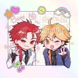 2boys ;d ahoge black_hair black_shirt blonde_hair blue_jacket blush braid braided_ponytail chibi chibi_only closed_mouth collared_shirt ear_piercing earrings english_text ese000_0 hand_up heart jacket jewelry long_hair long_sleeves looking_at_viewer male_focus multicolored_hair multiple_boys necklace one_eye_closed open_clothes open_jacket open_mouth orange_eyes piercing rainbow red_eyes red_hair shiguang_dailiren shirt short_hair single_braid single_earring sleeves_past_wrists smile star_(symbol) tassel tassel_earrings turtleneck twitter_username upper_body v w watermark white_shirt xia_fei xiao_weiying yaoi zipper zipper_pull_tab