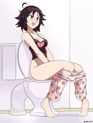 Rule 34 | 1girl, ahoge, barefoot, bathroom, black hair, black shirt, blush, bow, bow panties, breasts, breath, brown eyes, cleavage, clothes pull, collarbone, dangerking11, eyewear on head, gradient hair, heart, heart print, mask, masturbation, medium breasts, multicolored hair, open mouth, pajamas, panties, pants, pants pull, panty pull, pink bow, pink panties, polka dot, polka dot pants, print mask, print shirt, puff of air, red hair, roosterteeth, ruby rose, rwby, shirt, short hair, sitting, sleep mask, smile, sweat, tank top, toilet, two-tone hair, underwear, white pants