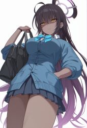 Rule 34 | 1girl, black hair, blue archive, breasts, dark-skinned female, dark skin, highres, large breasts, long hair, miniskirt, school uniform, sexually suggestive, skirt, solo