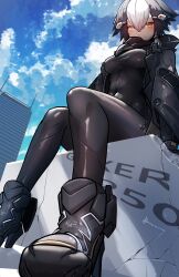 Rule 34 | 1girl, absurdres, ankle boots, artist name, black bodysuit, black hair, black jacket, blue sky, blush, bodysuit, boots, breasts, building, closed mouth, cloud, cloudy sky, covered navel, day, from below, gixer 250 (natsukaze shigure), hair between eyes, high heel boots, high heels, highres, hood, impossible bodysuit, impossible clothes, jacket, looking at viewer, medium breasts, multicolored hair, natsukaze shigure, open clothes, open jacket, original, outdoors, personification, short hair, signature, sitting, skin tight, sky, solo, two-tone hair, variant set, white hair, yellow eyes