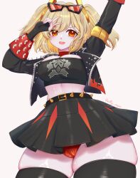 1girl :d arm_up belt black_belt black_gloves black_jacket black_skirt black_thighhighs blonde_hair breasts burnice_white choker cleavage cowboy_shot crop_top eyewear_on_head fingerless_gloves gloves highres jacket large_breasts legs_together looking_at_viewer midriff miniskirt open_mouth panties red-tinted_eyewear red_choker red_eyes red_panties shiny_clothes shiny_skin short_hair short_twintails sillymyne simple_background skin_tight skirt smile solo spiked_belt standing sunglasses thick_thighs thighhighs thighs tinted_eyewear twintails twitter_username underwear upskirt v white_background zenless_zone_zero