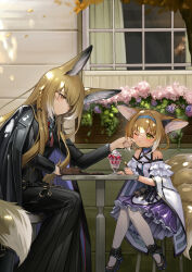 2girls absurdres animal_ears arknights black_jacket blonde_hair blue_hairband braid braided_hair_rings closed_mouth commentary_request dress earpiece flan_ling food_request fox_ears fox_girl fox_tail green_eyes hair_rings hairband highres jacket long_hair long_sleeves mother_and_daughter multiple_girls one_eye_closed orange_eyes pantyhose partial_commentary purple_dress short_hair sitting suzuran_(arknights) tail twin_braids vulpisfoglia_(arknights) white_pantyhose