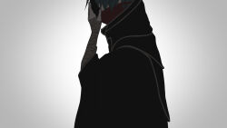 1boy aqua_hair bandaged_arm bandages black_robe evil_grin evil_smile grimms_notes grin highres holding holding_mask iumi_urura looking_at_viewer male_focus mask multicolored_hair prometheus_(grimms_notes) putting_on_mask red_eyes robe short_hair smile solo two-tone_hair upper_body white_background