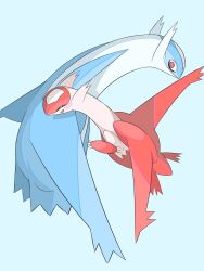 blue_background blue_wings blush closed_eyes dragon full_body gen_3_pokemon highres latias latios legendary_pokemon nintendo pokemon pokemon_(creature) red_eyes red_wings ringed_eyes simple_background watashihae wings