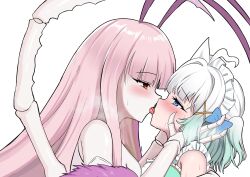 2girls absurdres ahoge antennae arthropod_girl blue_bow blue_eyes blush bow breasts brown_eyes cockroach_girl french_kiss green_hair hair_bow hands_on_another&#039;s_cheeks hands_on_another&#039;s_face heart highres indie_virtual_youtuber kiss long_hair maid_headdress matara_kan mint_fantome mint_fantome_(minto_2.0) multiple_girls one_side_up pink_hair saliva sweat tongue tongue_out upper_body virtual_youtuber vshojo white_hair xanadu_avici yuri