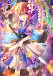 1girl 222neko :d blue_dress coin commentary dress feet_out_of_frame hair_bobbles hair_ornament holding holding_scythe looking_at_viewer obi onozuka_komachi open_mouth outdoors red_eyes red_hair sash scythe short_hair smile solo standing touhou two_side_up