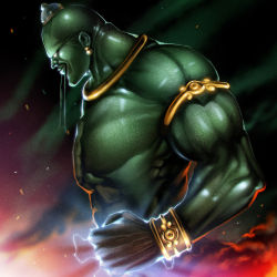 1boy absurdres armlet bald bangle bracelet clenched_hand colored_skin duel_monster earrings electricity eye_of_horus facial_hair genie glint glowing glowing_eyes gold_earrings green_skin hat highres jewelry la_jinn_the_mystical_genie_of_the_lamp male_focus muscular mustache topless_male sneer solo upper_body white_eyes yu-gi-oh! zzizzi