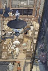 air_conditioner animal_focus book bright_pupils cd coffee_pot floating gastly gen_1_pokemon gen_2_pokemon gen_5_pokemon gengar hanging_light highres holding holding_book indoors lampent library litwick momota_pix mouth_hold murkrow nintendo no_humans pokemon reading red_eyes smeargle stool white_pupils wooden_floor yellow_eyes