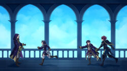 1girl 3boys ahoge armor birusabi black_armor black_boots black_hair blue_sky boots brown_boots commentary day dual_persona english_commentary eye_mask father_and_daughter female_morgan_(fire_emblem) fire_emblem fire_emblem_awakening fire_emblem_heroes from_side gerome_(fire_emblem) holding_hands hood hood_up hooded_robe imminent_hug indoors knee_boots long_sleeves male_morgan_(fire_emblem) male_robin_(fire_emblem) mask multiple_boys nintendo open_clothes open_robe pants pillar purple_robe red_hair robe running shoulder_armor sky thighhighs white_hair white_pants white_thighhighs