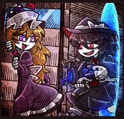 2girls :d aperture_science_handheld_portal_device black_skirt blonde_hair bow bright_pupils brown_hair dress fedora frills gap_(touhou) hat hat_bow maribel_hearn multiple_girls open_mouth portal_(object) portal_(series) portal_1 purple_dress purple_eyes red_eyes skirt smile suenari_(peace) touhou usami_renko