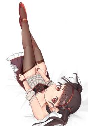 1girl adjusting_clothes alternate_costume annoyed bare_shoulders black_choker black_corset blush breasts brown_hair brown_thighhighs choker cleavage corset dot_nose dress embarrassed eyelashes female_focus frilled_dress frills from_above full_body gem hachikuji_mayoi hairband legs_up loli long_hair looking_at_viewer looking_up lying meemz_a monogatari_(series) off-shoulder_dress off_shoulder on_back purple_dress red_corset red_eyes red_hairband red_shoes shoes simple_background small_breasts solo strapless thighhighs twintails two-tone_corset two-tone_dress white_background white_dress yellow_gemstone