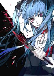 1boy 1girl amemiya_darumi black_background black_bow black_hair blood bloody_tears blue_hair bow collar female_focus heart holding holding_knife knife long_sleeves looking_at_viewer multicolored_hair pink_eyes red_collar red_hair reflection safety_pin shirt striped_clothes striped_shirt sumino_takumi the_hundred_line_-last_defense_academy- twintails voltmeter_f white_background