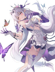 1girl absurdres asymmetrical_gloves asymmetrical_legwear bakoko black_tiara bow bug butterfly castorice_(honkai:_star_rail) dress earrings elbow_gloves floating_hair garter_straps gloves grey_hair hair_bow highres honkai:_star_rail honkai_(series) insect jewelry long_hair looking_at_viewer pantyhose parted_lips pointy_ears purple_bow purple_butterfly purple_eyes purple_gloves purple_hair simple_background single_garter_strap solo thighhighs tiara uneven_gloves uneven_legwear white_background white_dress white_garter_straps white_pantyhose white_thighhighs