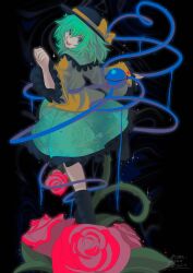 1girl :d animemaster back black_boots black_hat boots bow clenched_hand floral_print flower frilled_sleeves frills from_behind full_body glowing glowing_hair green_eyes green_hair green_skirt hair_between_eyes hat hat_bow hat_ribbon heart heart_of_string highres komeiji_koishi long_sleeves looking_at_viewer open_mouth red_flower red_rose ribbon rose running shirt short_hair skirt smile solo spines teeth third_eye touhou upper_teeth_only walking wide_sleeves yellow_bow yellow_shirt