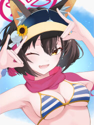 Rule 34 | 1girl, absurdres, bare arms, bikini, blue archive, blue bikini, blush, breasts, brown hair, cleavage, double fox shadow puppet, fang, fox shadow puppet, hair between eyes, hair ornament, highres, izuna (blue archive), izuna (swimsuit) (blue archive), matutake 777, official alternate costume, one eye closed, open mouth, pom pom (clothes), pom pom hair ornament, short hair, single bare shoulder, skin fang, solo, striped bikini, striped clothes, swimsuit, visor cap, yellow eyes