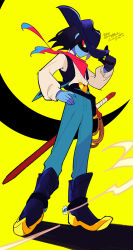 1other black_boots black_gloves black_hair black_hat blue_pants blue_skin boots closed_mouth colored_skin cowboy_hat deltarune full_body gloves hand_on_own_hip hat highres kris_(dark_world)_(deltarune) kris_(deltarune) long_sleeves pants red_eyes senjochi_janai shaded_face sheath sheathed shirt simple_background single_glove solo spurs standing sword twitter_username weapon white_shirt yellow_background