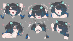 1girl animal_ears black_hair breasts close-up erina_makina grey_background hair_over_one_eye heiz_illust highres implied_sex multicolored_hair open_mouth phase_connect portrait simple_background solo solo_focus sweat tiger_ears tiger_girl tongue tongue_out torogao virtual_youtuber