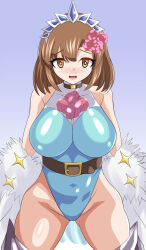 1girl blush breasts brown_eyes brown_hair cendrillmon cendrillmon_(cosplay) cosplay digimon digimon_liberator highleg highres kinosaki_arisa large_breasts leotard open_mouth short_hair smile solo