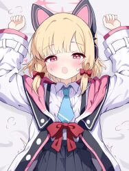 Rule 34 | 1girl, animal ear headphones, animal ears, arms up, black skirt, blonde hair, blue archive, blue necktie, blush, bow, cardcat 00, cat ear headphones, cat ears, collared shirt, fake animal ears, hair bow, halo, headphones, highres, jacket, long sleeves, looking at viewer, low-tied sidelocks, lying, momoi (blue archive), necktie, on back, open mouth, pink eyes, pink halo, pleated skirt, red bow, revision, shirt, short hair, short necktie, sidelocks, skirt, solo, suspender skirt, suspenders, white jacket, white shirt