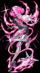 1girl black_background black_bodysuit bodysuit breasts duel_monster electricity enmo_takeshita full_body highres jacket large_breasts medium_hair pink_hair simple_background solo spright_carrot white_jacket yu-gi-oh!
