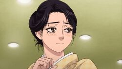 10s 1girl 2014 animated animated_gif ayaka_yoshino_(konna_ni_yasashiku_sareta_no) black_hair blush hair_bun japanese_clothes kimono konna_ni_yasashiku_sareta_no mature_female mole mole_under_eye queen_bee_(animation_studio) single_hair_bun tagme yukata