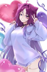 1girl absurdres ahoge animal_ears balloon black_choker blue_eyes choker cowboy_shot dress garter_straps grin hands_up heart_balloon highres long_hair long_sleeves looking_at_viewer original parted_bangs pr_ponnyan puffy_long_sleeves puffy_sleeves purple_dress purple_eyes purple_hair smile solo standing thighhighs v very_long_hair white_thighhighs zettai_ryouiki