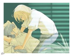 2girls bang_dream! bang_dream!_it&#039;s_mygo!!!!! blonde_hair blue_hair border eye_contact haidao_mao highres long_hair looking_at_another medium_hair meme misumi_uika multiple_girls shirt short_sleeves togawa_sakiko white_border white_shirt yellow_eyes yukadon yuri