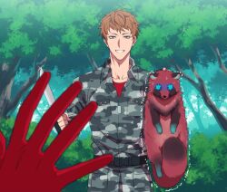 2boys :d animal animalization belt between_legs black_fur blue_eyes breast_pocket buckle bush busujima_rio_mason camouflage camouflage_jacket clueless collarbone collared_jacket cowboy_shot dog_tags ears_down enmto fake_screenshot fingerless_gloves forest gloves grey_jacket hand_up holding holding_animal holding_knife hypnosis_mic iruma_jyuto jacket kannonzaka_doppo knife looking_at_viewer male_focus mixed-language_commentary multiple_boys nature open_mouth orange_hair partially_unbuttoned pocket red_fur red_shirt scared scruffing shirt short_hair smile snap-fit_buckle sparkle sweat tail tail_between_legs tanuki tree trembling very_short_hair very_sweaty wavy_eyes wispy_bangs