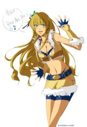 Rule 34 | 1girl, belt, blonde hair, blue belt, blue eyes, blue gloves, blue shorts, blush, breasts, brown shirt, cleavage, commentary, cowboy shot, crop top, english commentary, english text, fingerless gloves, fumiddition, fur-trimmed gloves, fur-trimmed shirt, fur-trimmed shorts, fur trim, gloves, long hair, looking at viewer, medium breasts, midriff, navel, open mouth, ragnarok online, shirt, shorts, simple background, sleeveless, sleeveless shirt, smile, sniper (ragnarok online), solo, two-tone gloves, two-tone shorts, very long hair, white background, yellow gloves, yellow shorts