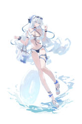 1girl absurdres alternate_costume bag bare_legs bikini black_bikini black_choker breasts bronya_zaychik bronya_zaychik_(silverwing:_n-ex) choker criss-cross_halter cross cross_necklace eyewear_on_head grey_eyes grey_hair halterneck highres holding holding_bag honkai_(series) honkai_impact_3rd innertube jewelry large_breasts legs long_hair mismatched_bikini missing_commentary navel necklace pmg sandals scrunchie simple_background smile solo stomach sunglasses swim_ring swimsuit very_long_hair white_background white_bikini wrist_scrunchie