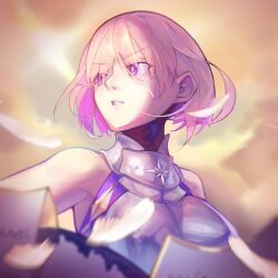 1girl armor armored_leotard bare_arms bare_shoulders boobplate breastplate breasts detached_sleeves eienuta falling_feathers fate/grand_order fate_(series) feathers floating_hair gorget hair_between_eyes hair_over_one_eye highres holding holding_shield leotard looking_to_the_side mash_kyrielight mash_kyrielight_(paladin) parted_lips pink_hair purple_eyes shield short_hair solo trinity_metatronius_(fate/grand_order) upper_body white_armor yellow_background