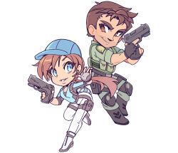 1boy 1girl almightychiru black_gloves blue_eyes blue_hat blue_shirt brown_eyes brown_hair chibi chris_redfield fingerless_gloves gloves green_shirt gun handgun hat headset holding holding_gun holding_weapon jill_valentine knee_pads long_hair low_ponytail pants ponytail resident_evil resident_evil_5 shirt smile weapon