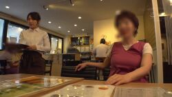1boy 1girl animated censored cum cum_in_pussy fellatio japanese_(nationality) nipples oral photo_(medium) public_indecency real_life sound tagme video waitress
